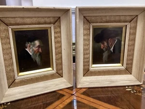 Schönes Paar kleine antike Judaica Ölgemälde von Rabbinern - Bild 1 von 10