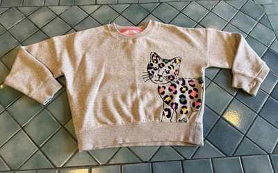 Mini Boden Girls Cropped Knit Top Gray Cat Cheetah Velvet Flocked Sz 5-6! - Image 1 of 4