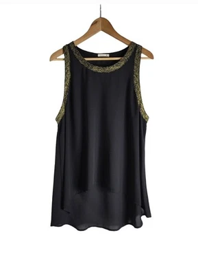 Blusa soprano negra con detalles en tono dorado sin mangas dobladillo alto bajo transparente talla XL Foto 1 de 4