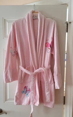 Albornoz rosa para niñas mariposas bolsillos cinturón corbata talla S - L pavo 100 % algodón Foto 1 de 4