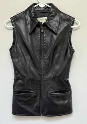 LILLIE RUBIN Womens Leather Vest Small Full Zip Peplum Pockets Lined Dark Brown - Image 1 of 4