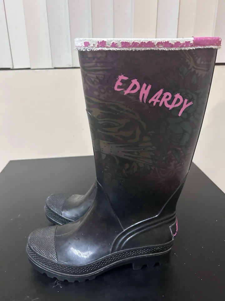 Винтажный Y2K Ed выносливый резиновый дождя ботинки Tiger женщин размер 6 винтажный розовый черный панк - Изображение 1 из 4