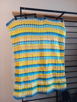 Handmade Stripe Crocheted Blanket For Baby Or Throw Yellow And Blue 32x46 - Image 1 of 2