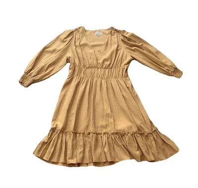 Calvin Klein Dress Womens 12 Mustard Yellow Puff Sleeve V-Neck Rayon Boho - Image 1 of 4