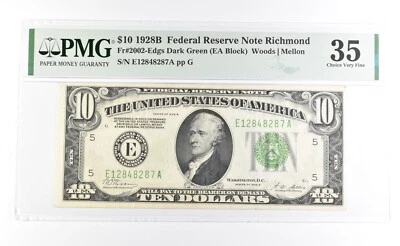 PMG 35 VF 1928 B $10 Richmond, VA US FRN Dark Green Seal Fr#2002-Edgs *1053 - Image 1 of 3