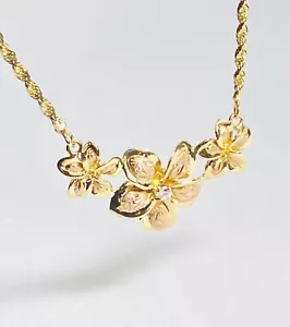 14K Gelb & Roségold CZ Plumeria Anhänger 1,5 mm Seilkette 16 Zoll Halskette 7,0 g - Bild 1 von 8