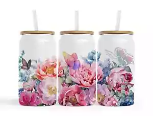Lata de vidrio mariposa floral 16 oz, regalo personalizado - Imagen 1 de 2