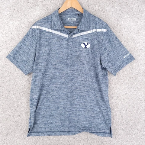 Columbia BYU Cougars Shirt Men Large Polo Golf Blue White Golf Stretch Brigham Cover