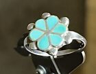 Vintage Sterling Silver Zini? Inlay Turquoise Flower Ring -Beaded 2.04G - Sz 6.5