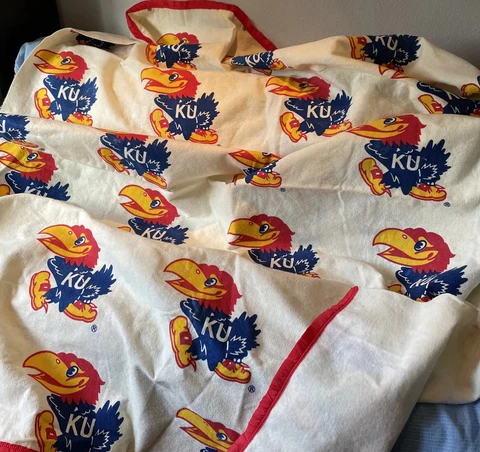 Vtg 70s Kansas University KU Jayhawks Handmad Felted Blanket Blanket 138” X 88” Cover