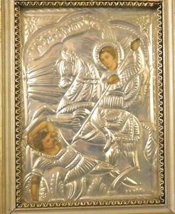 Antique Greek Orthodox Icon: Framed Embossed Silver Foil St. Demetrious - Picture 1 of 5