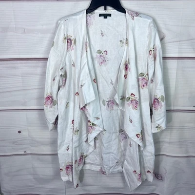 Для Cynthia куртка женщин M белый цветочный водопад льняной открытый передний 3/4 рукав - Изображение 1 из 4