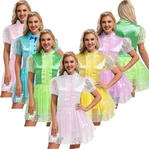 Women Sparkly Maid Dress Frilly Short Puff Sleeve Mini Dresses Halloween Costume - Picture 1 of 42