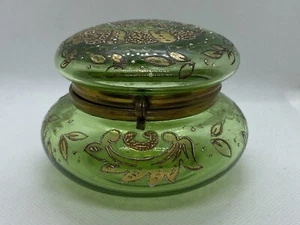 Antique French Green Glass Hand Painted Gold Hinged Lid Trinket Dish Powder Jar - Picture 1 of 12
