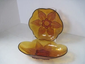 Vintage Anchor Hocking Amber Glass Bowls Set of Two Oval and Round - Picture 1 of 11
