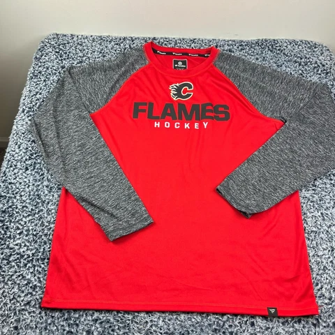 Fanatics Calgary Flames Shirt Mens Extra Large XL Red Crew Neck Casual NHL Cover