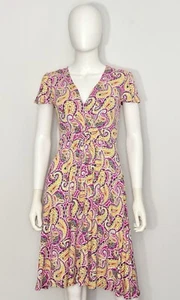 Boden Womens Dress UK 8R US 4R Viscose Pink Yellow Paisley V Neck Short Sleeve - Picture 1 of 12