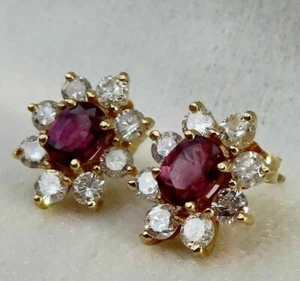 VINTAGE 1.00CT. RUBY & DIAMOND HALO 9K YELLOW GOLD FINISH STUD EARRINGS - Picture 1 of 6