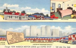 Postal de lino Covey's New America Motor Lodge Salt Lake City Utah Roadside años 40 - Imagen 1 de 2