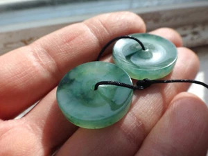 Natural Genuine A Jadeite Jade A Pair of Old Type Blue Green Floral Green Donuts - Picture 1 of 12