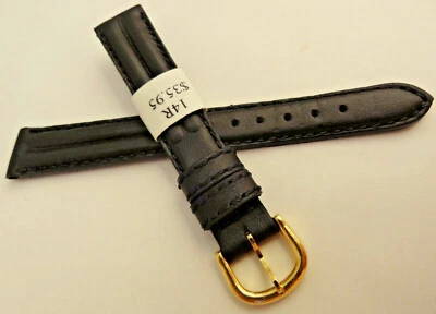 ZRC Francia Negro Acolchado Cuero Resistente al Agua 14mm Correa de Reloj Tono Dorado Hebilla Foto 1 de 4