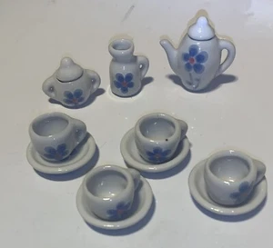 Vintage Blue Flower Ceramic Tea Set Cup Saucer Sugar Creamer Pitcher 13 Pcs - Picture 1 of 4