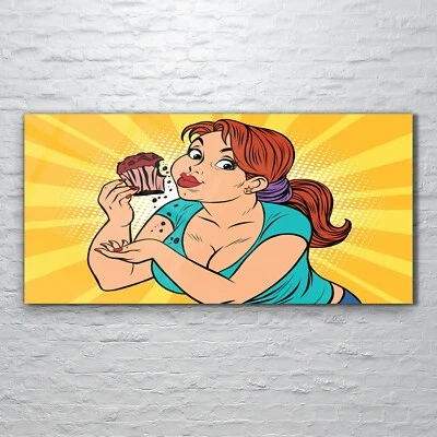 Glasbilder Wandbild Druck auf Glas 120x60 Foto Modern Frau isst Muffin Pop Kunst - Bild 1 von 4