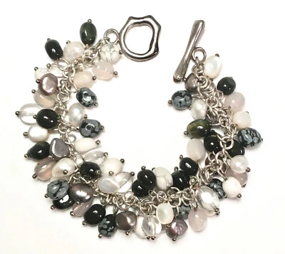 Pulsera Cha-Cha de plata de ley con perlas, fregona, ónix, howlita, cristal 7,5" Foto 1 de 4