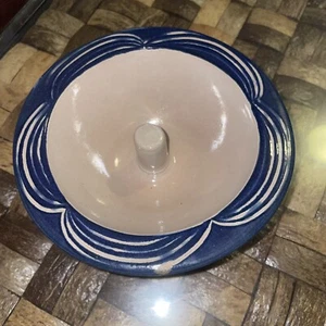 Vintage The Original Apple Baker Baking Dish Blue Swirl Rim Stoneware - Picture 1 of 6