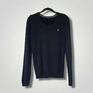 Nautica Top Womens Sweater L Navy Cable Knit V-neck Long Sleeves Pullover Logo - Picture 1 of 7