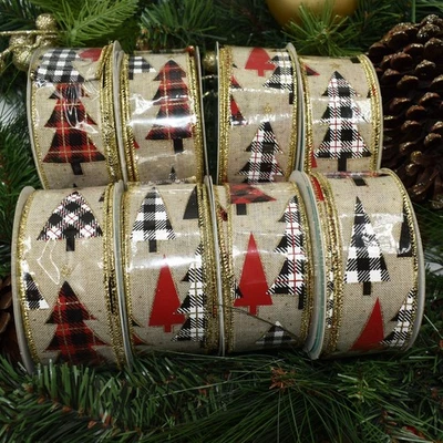 ¡CIERRE! Carrete de 10 yardas árboles de Navidad rojo negro búfalo a cuadros beige cinta con cable Foto 1 de 2