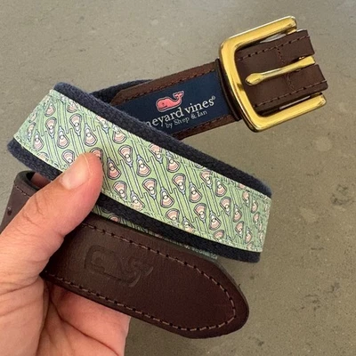 Cinturón Club de Lona Estampado Lacrosse Vineyard Vines Latón Cuero Marrón Hombres 30 Preparación Foto 1 de 4