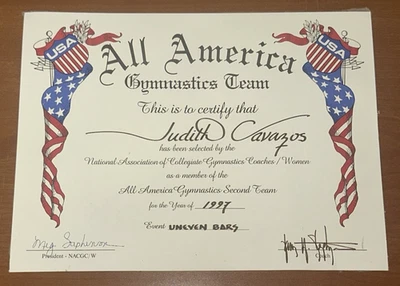 Judy Cavazos All American Gymnastics Certificate Uneven Bars U of Minnesota 1997 - Image 1 of 4
