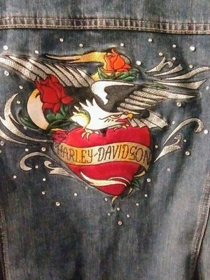 Harley-Davidson Embroidered Heart Eagle Rose Rhinestone Denim Jacket Y2k Small - Image 1 of 4
