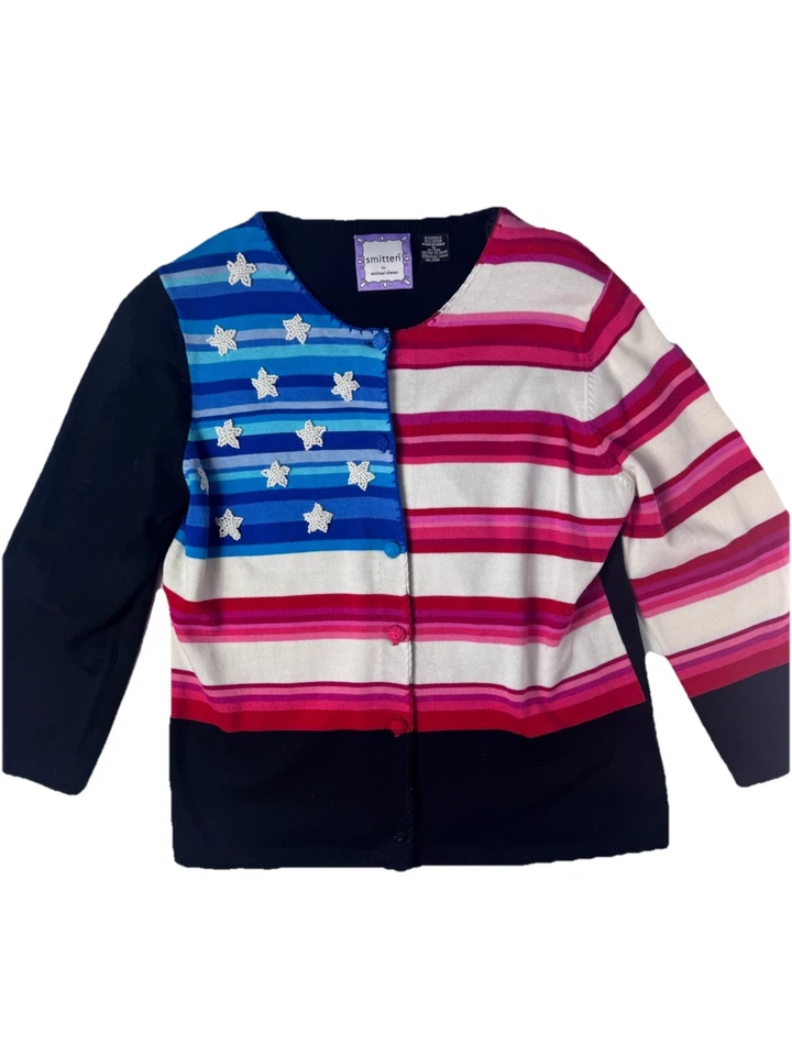 Cárdigan Smitten De Colección Bandera Michael Simon EE. UU. Estrellas Americanas Rayas Cuentas Talla M Foto 1 de 4