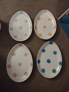 Set 4 Oval Ceramic Easter Egg Plates Polka Dot Snack Green Blue Pink Orange  - Picture 1 of 6