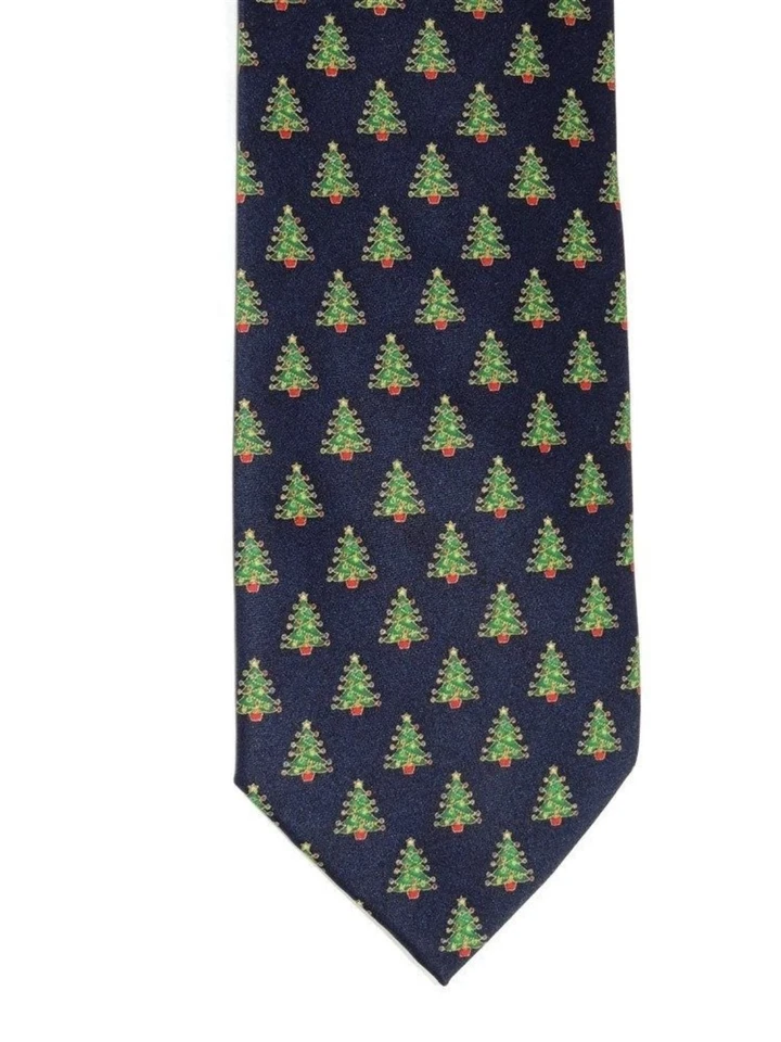 Hallmark Men's Neck Tie Navy Christmas Trees Skinny 3 1/4" "