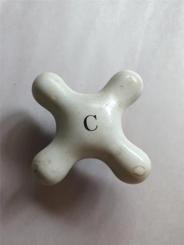 Vintage Original White Porcelain "C" Cold Water Tap Faucet Handle Cross Style Cover