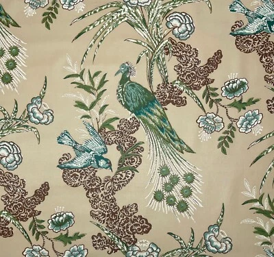 SCHUMACHER PEACOCK BEIGE BIRD MILES REDD DESIGNER CHINTZ FABRIC BY YARD 52"W - Image 1 of 4