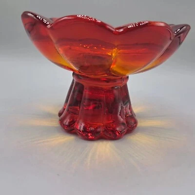 Red Amberina Glass Candle Holder Stick Heavy Scalloped Edges Yellow Red - Image 1 of 4