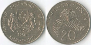 Singapore 1986 20 Cents KM# 52 Cu-Ni Coat of Arms Lion Tiger Powder-Puff Plant - Picture 1 of 3