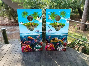 WATERPROOF & FADEPROOF Cornhole Board Wraps  -   FLOATING TROPICAL ISLAND - Picture 1 of 3
