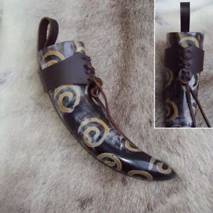 Medieval Viking Swirl Drinking Horn & Leather Holder Re-enactment LARP Events