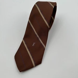 Yves Saint Laurent Necktie Mens Brown Gold Striped Classic Logo 56 inches long - Picture 1 of 6