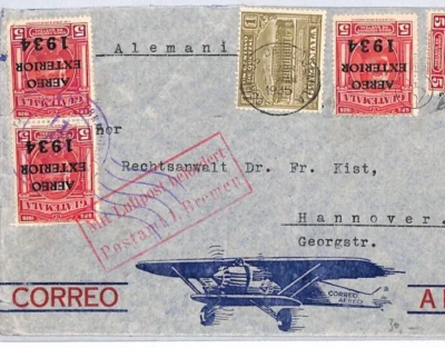 GUATEMALA Airmail 1935 Cover AEROPLANE ILLUSTRATED *1934* OVERPRINT Germany YV99 - Image 1 of 4