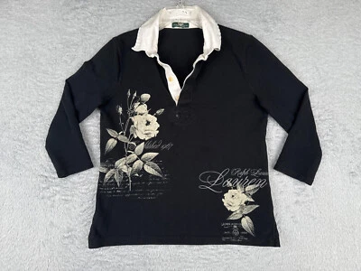 Camisa polo vintage LRL Lauren Jeans Co para mujer mediana negra floral rosa manga 3/4 Foto 1 de 4