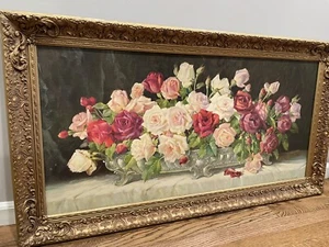 Großer Erna Krüger signierter Rosen Kunstdruck Blumenstrauß Goldrahmen - Bild 1 von 8