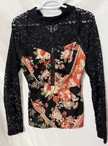 Venus Floral/ Lace Blouse Black/ Red Elastic Waist Med High Neck - Picture 1 of 8