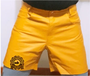 Mens,Cow Leather Shorts Yellow Casual 5 Pocket Short Zipper Fly Real Leather New - Picture 1 of 3