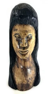 "Busto de mujer de arte popular de madera maciza tallado a mano pelo largo negro 10,5""" - Imagen 1 de 8